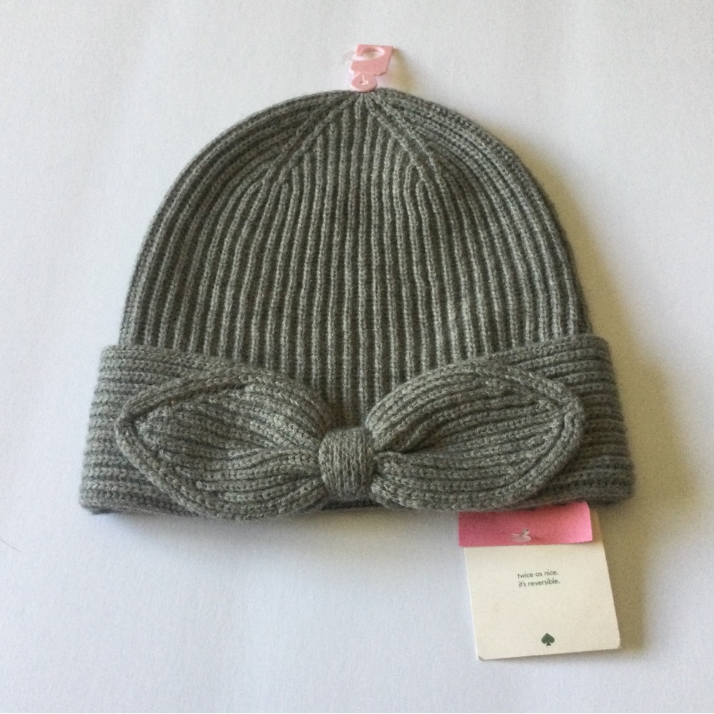 KATE SPADE NEW YORK POINTY BOW WOOL BLEND BEANIE GREY OS NWT
